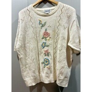 VTG Cottagecore Ramie Cotton Floral Pearl Embroidered Pointelle Knit Sweater 42